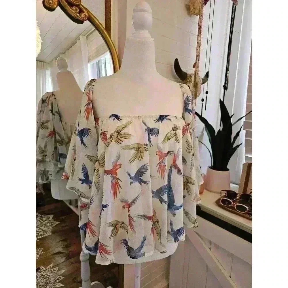Molly Bracken Women's Size M Off the Shoulder White Parrot Crop Flowy Blouse NWT